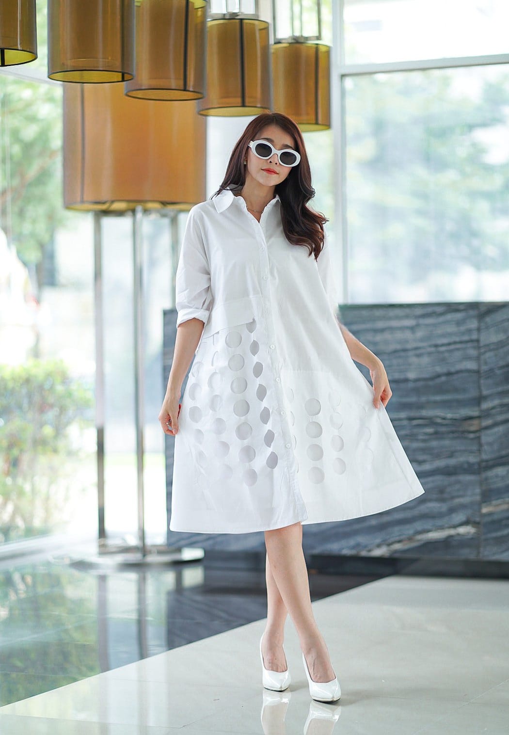 Women’s Cutwork Detail Shirt Dress - Navvi.in