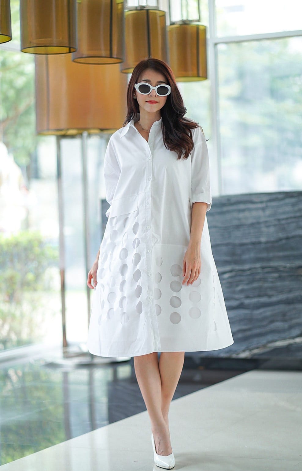 Women’s Cutwork Detail Shirt Dress - Navvi.in