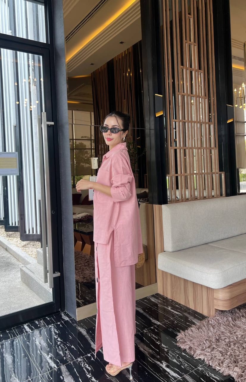 Women’s Solid Linen Blend Shirt & Wide-Leg Co-Ord Set