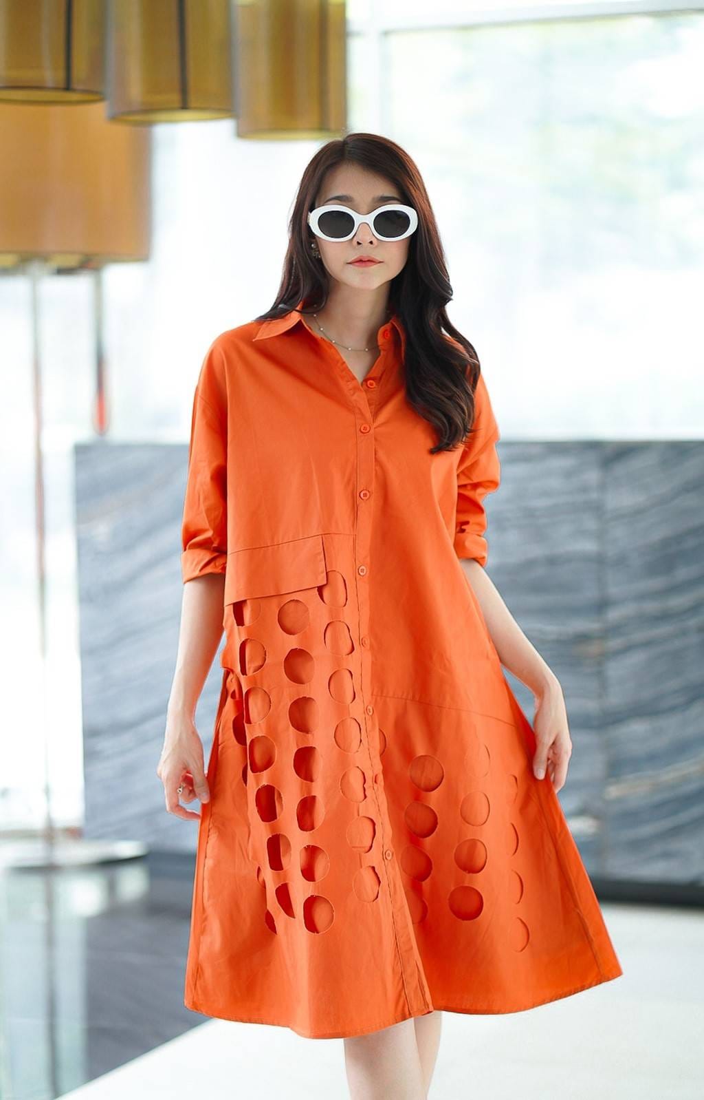 Women’s Cutwork Detail Shirt Dress - Navvi.in