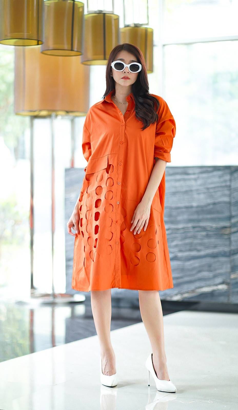Women’s Cutwork Detail Shirt Dress - Navvi.in
