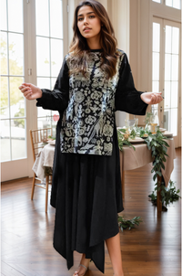 Black Handblock Printed Asymmetric Co-ord