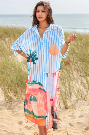 Vacation Scene Print Breezy Shirt Dress