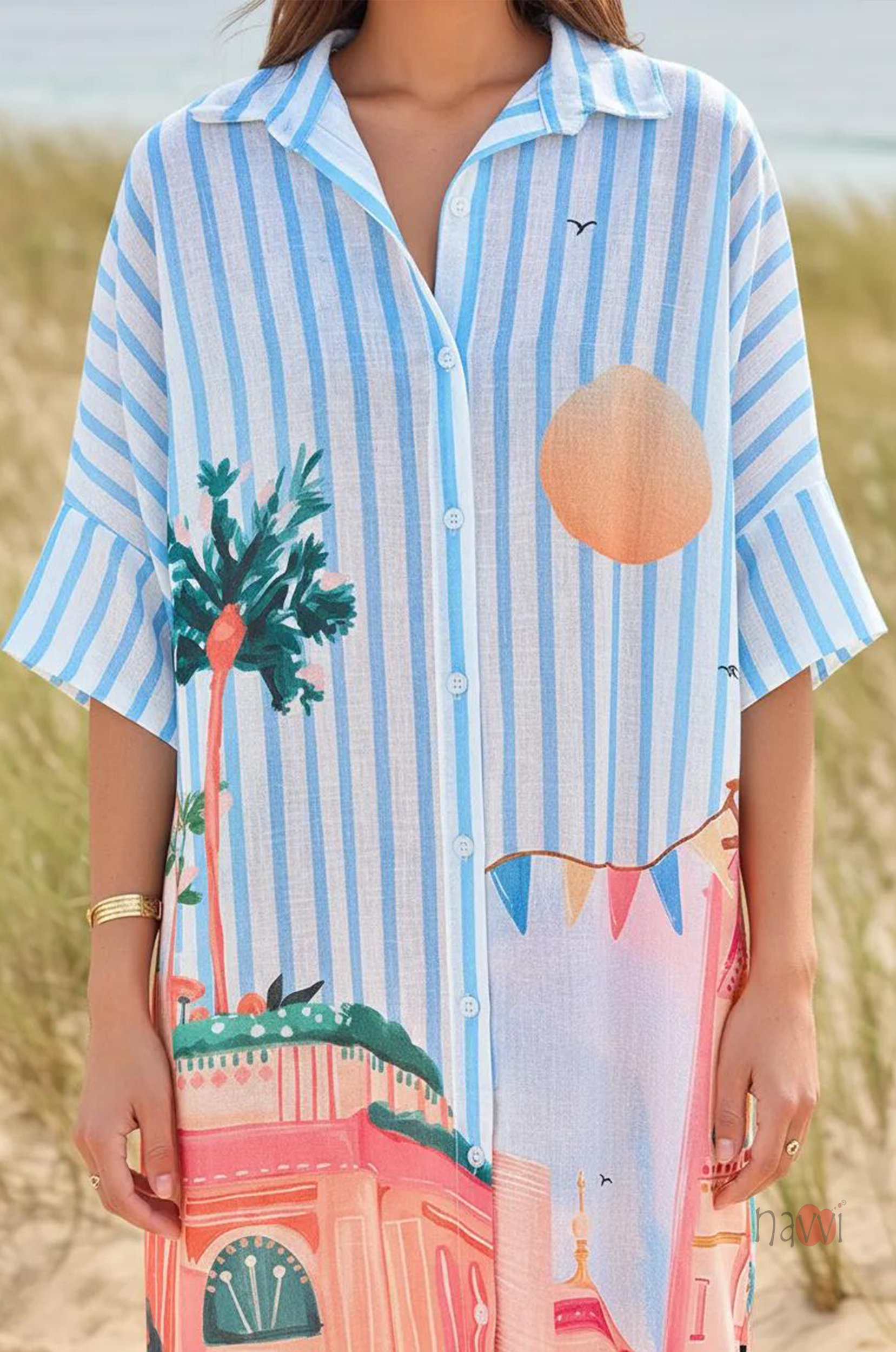 Vacation Scene Print Breezy Shirt Dress - Navvi.in
