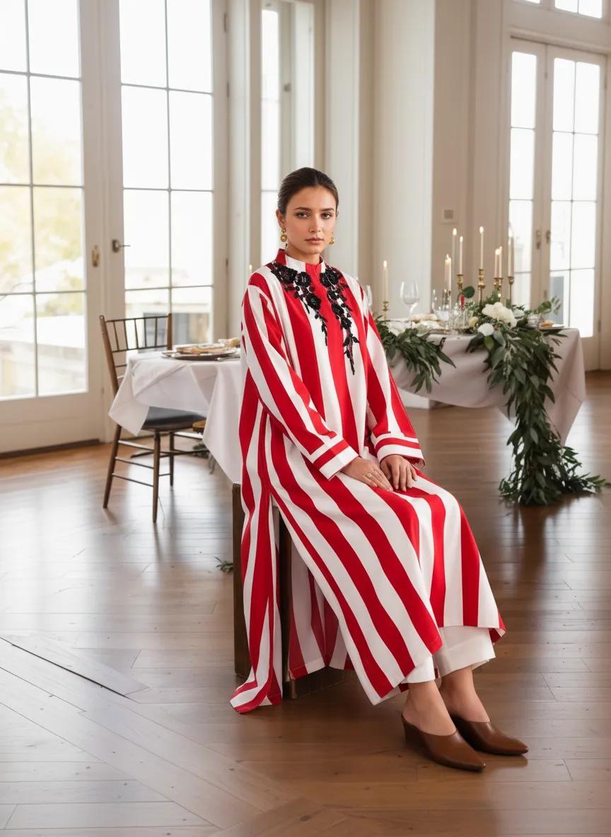 Red & White Striped Long Kurta
