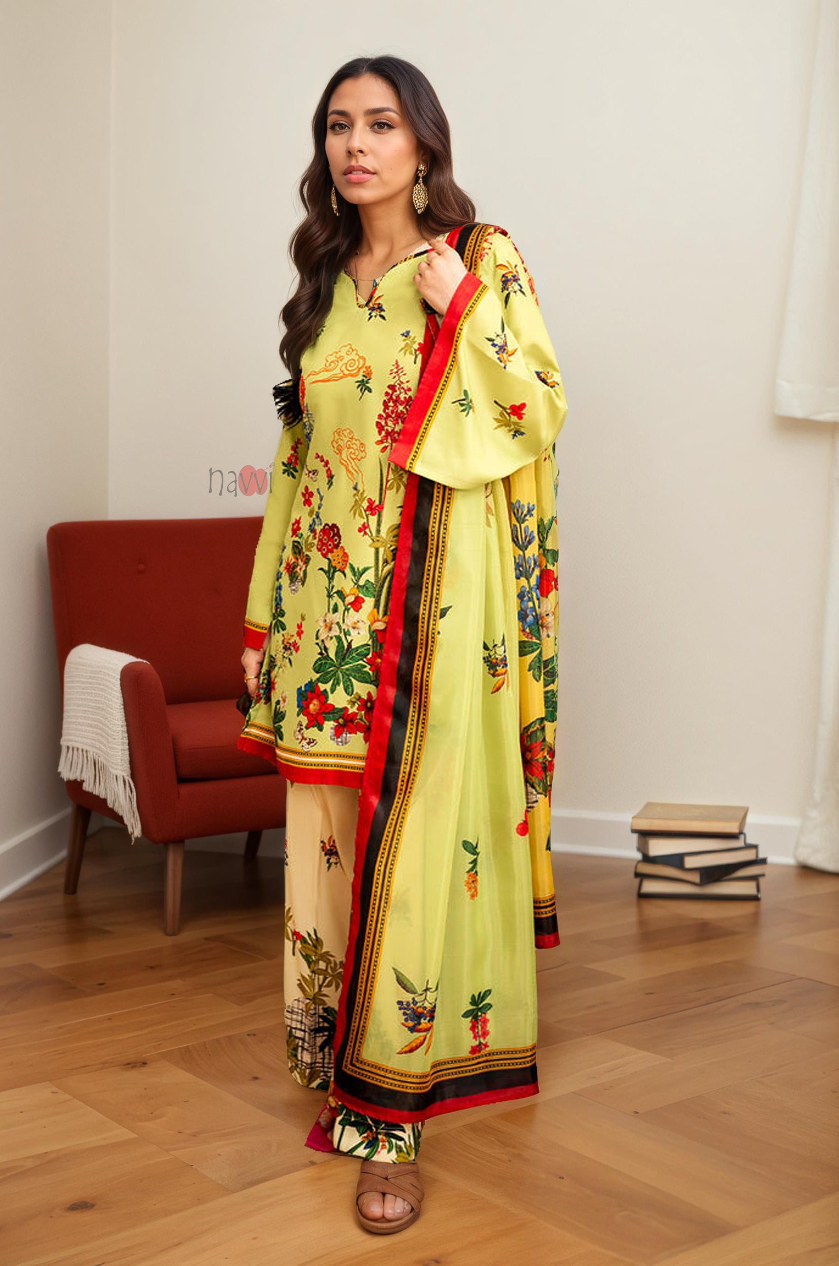 Vibrant Lime and Red Border Print 3-Piece Set