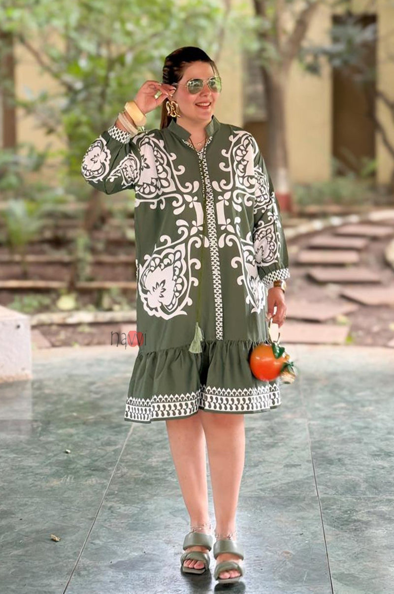 Azure Olive Boho Ruffle Dress - Navvi.in