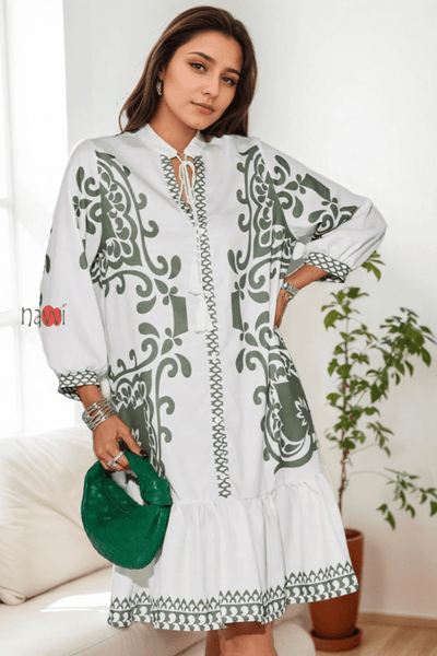 Azure White Boho Ruffle Dress - Navvi.in