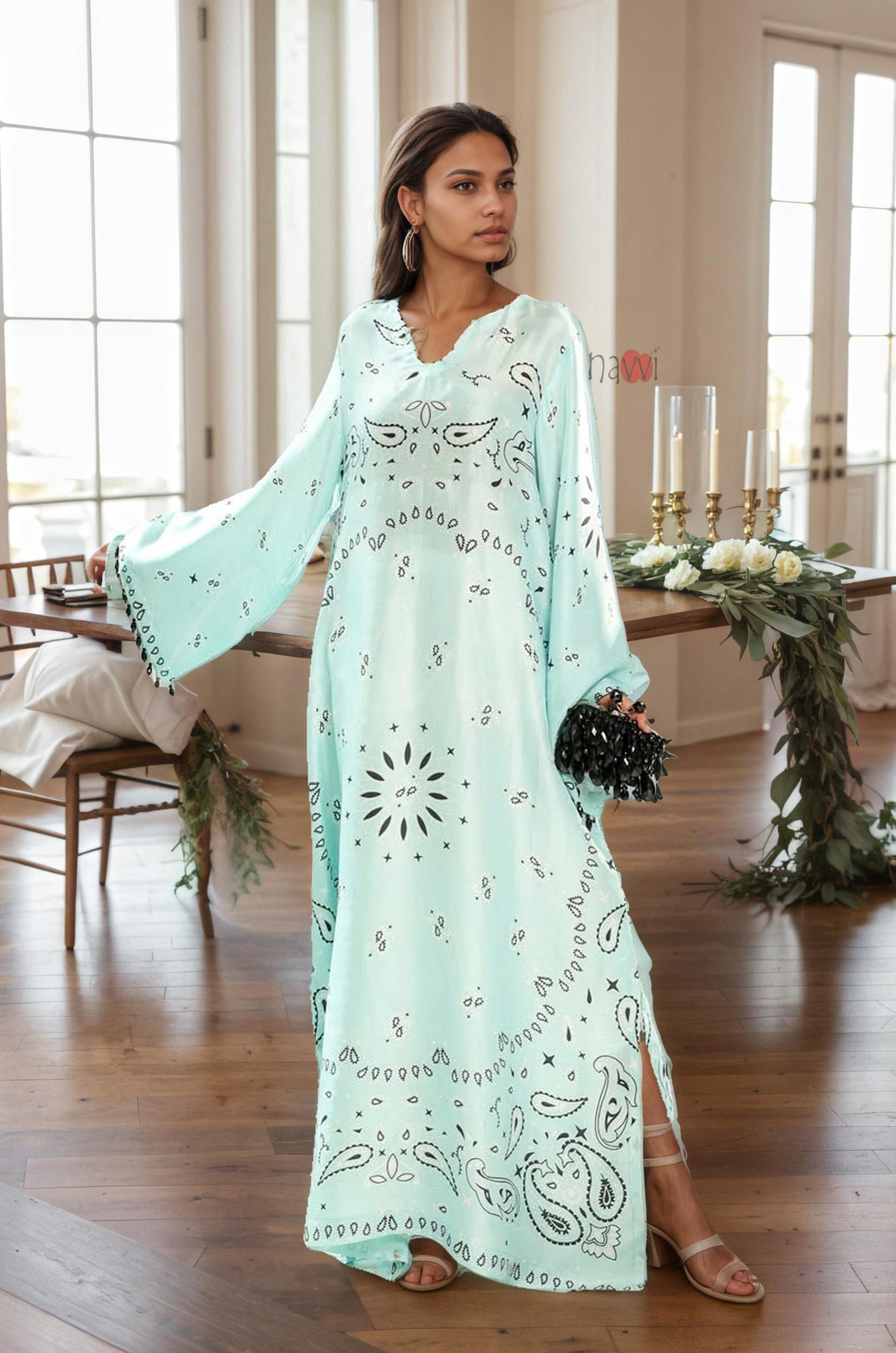 Glacier Blue Women’s Printed Kaftan Maxi Dress