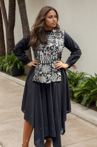 Black Handblock Printed Asymmetric Co-ord
