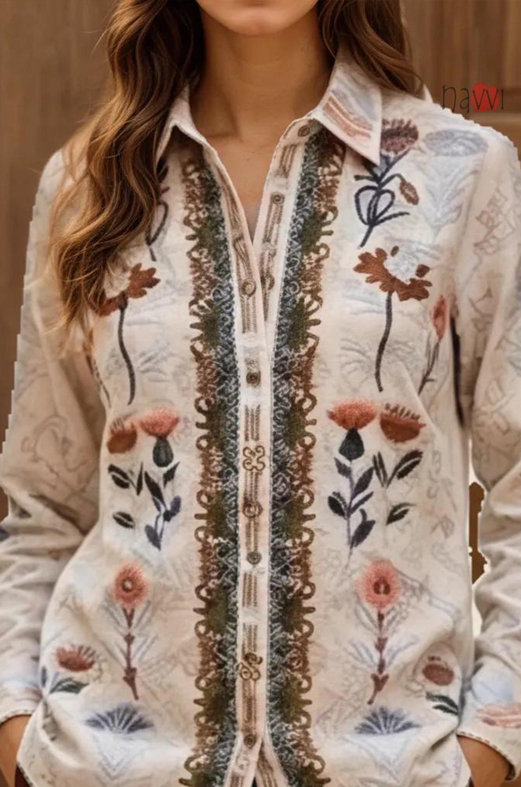 Ivory Meadow Floral Printed Pure Linen Shirt Top