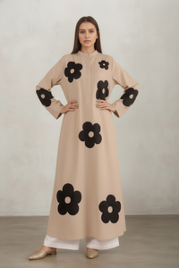 Beige Floral Printed Long Kurta