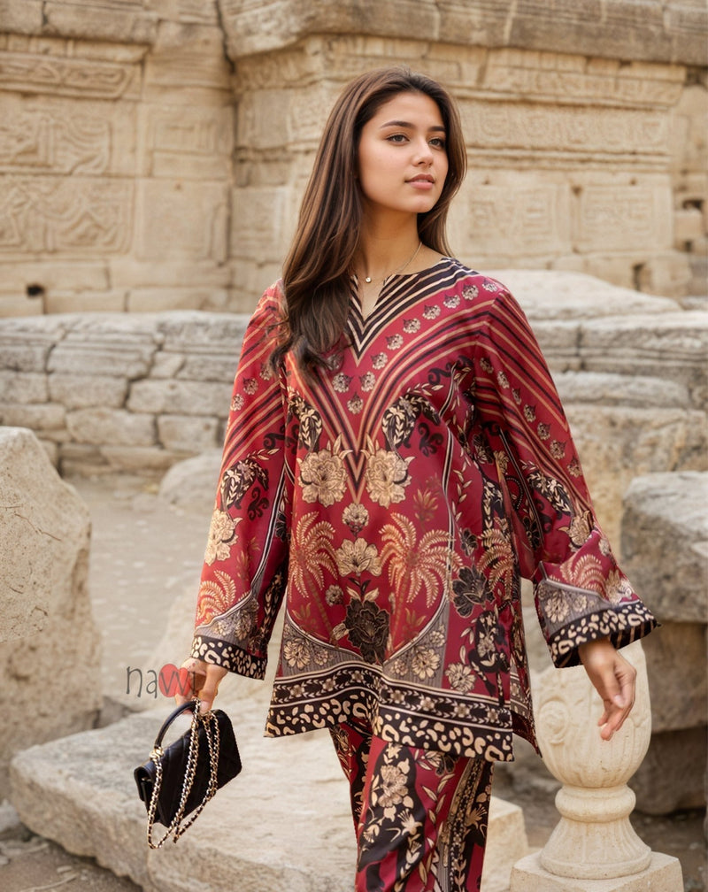 Baroque Floral Kurta & Wide - Leg Pants for Women - Navvi.in