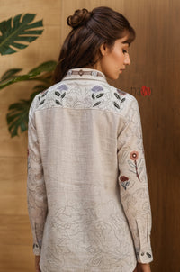 Ivory Meadow Floral Printed Pure Linen Shirt Top