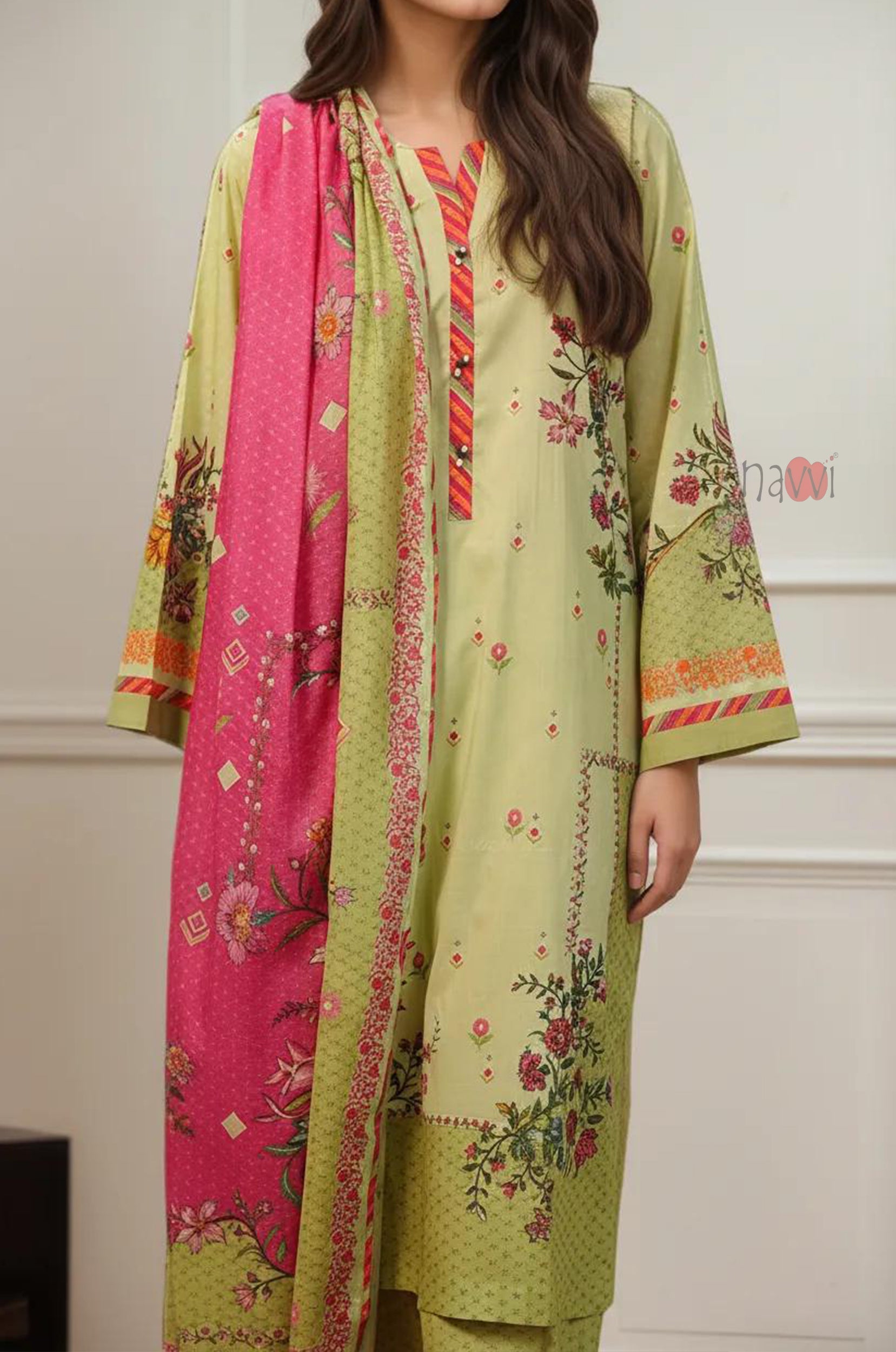 Lime Green Festive Kurta Set with Dupatta - Navvi.in