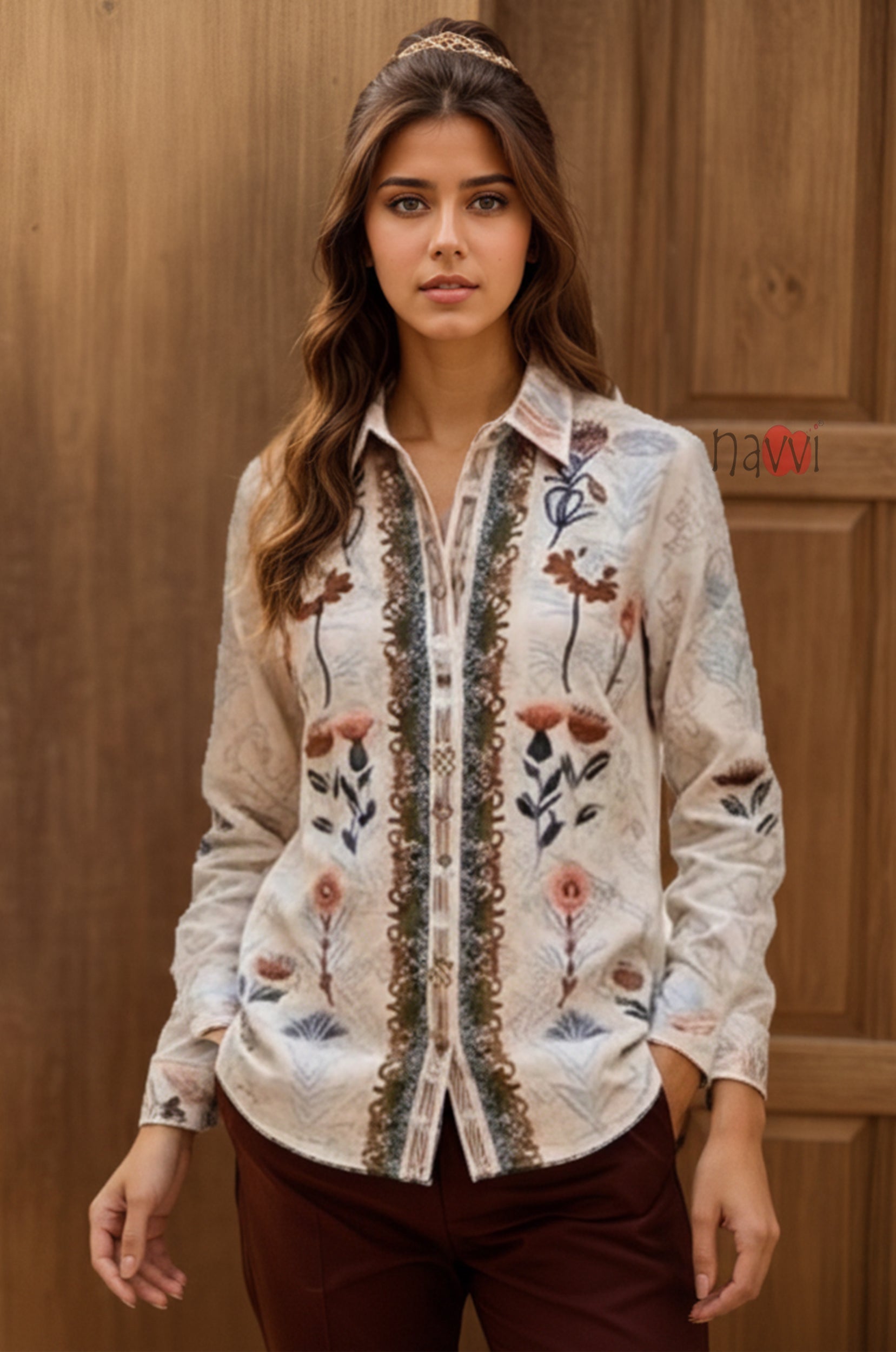 Ivory Meadow Floral Printed Pure Linen Shirt Top