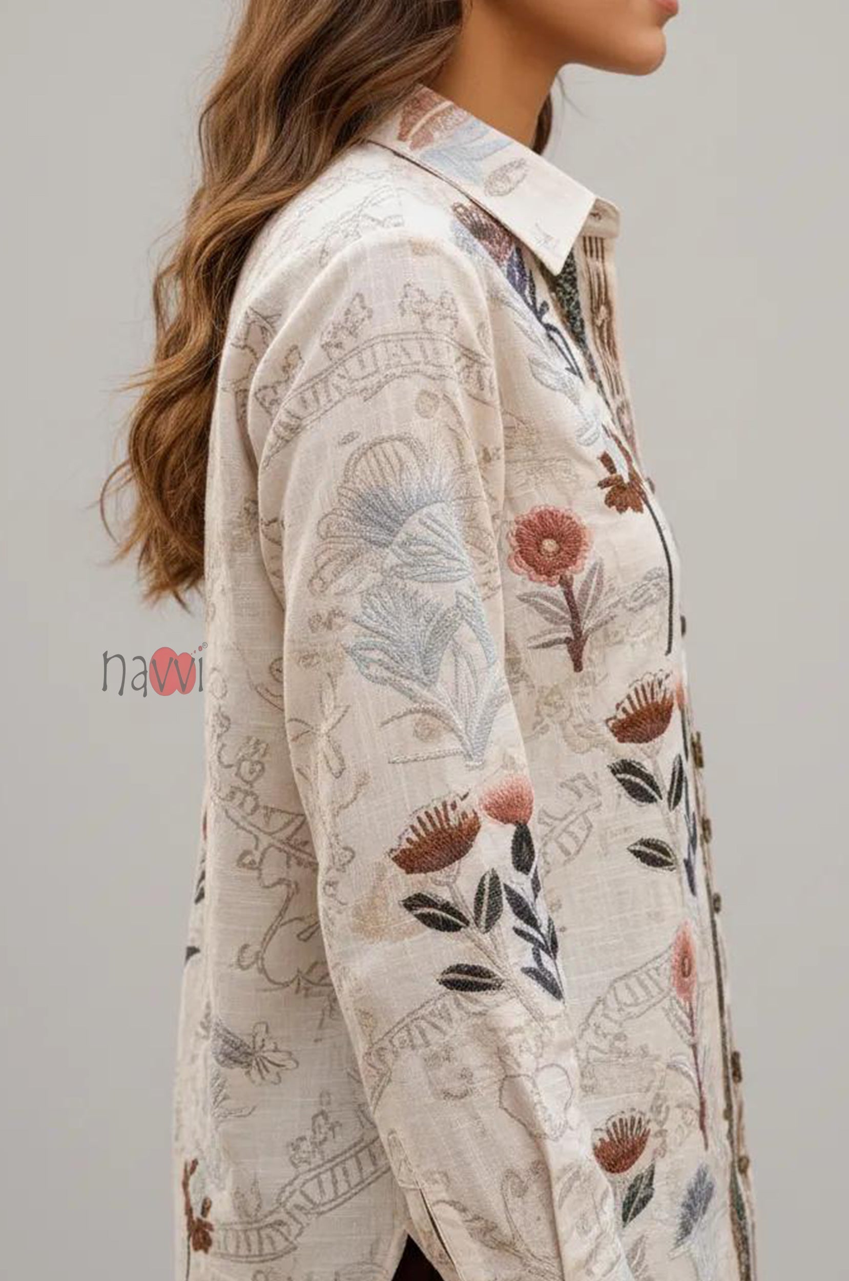 Ivory Meadow Floral Printed Pure Linen Shirt Top