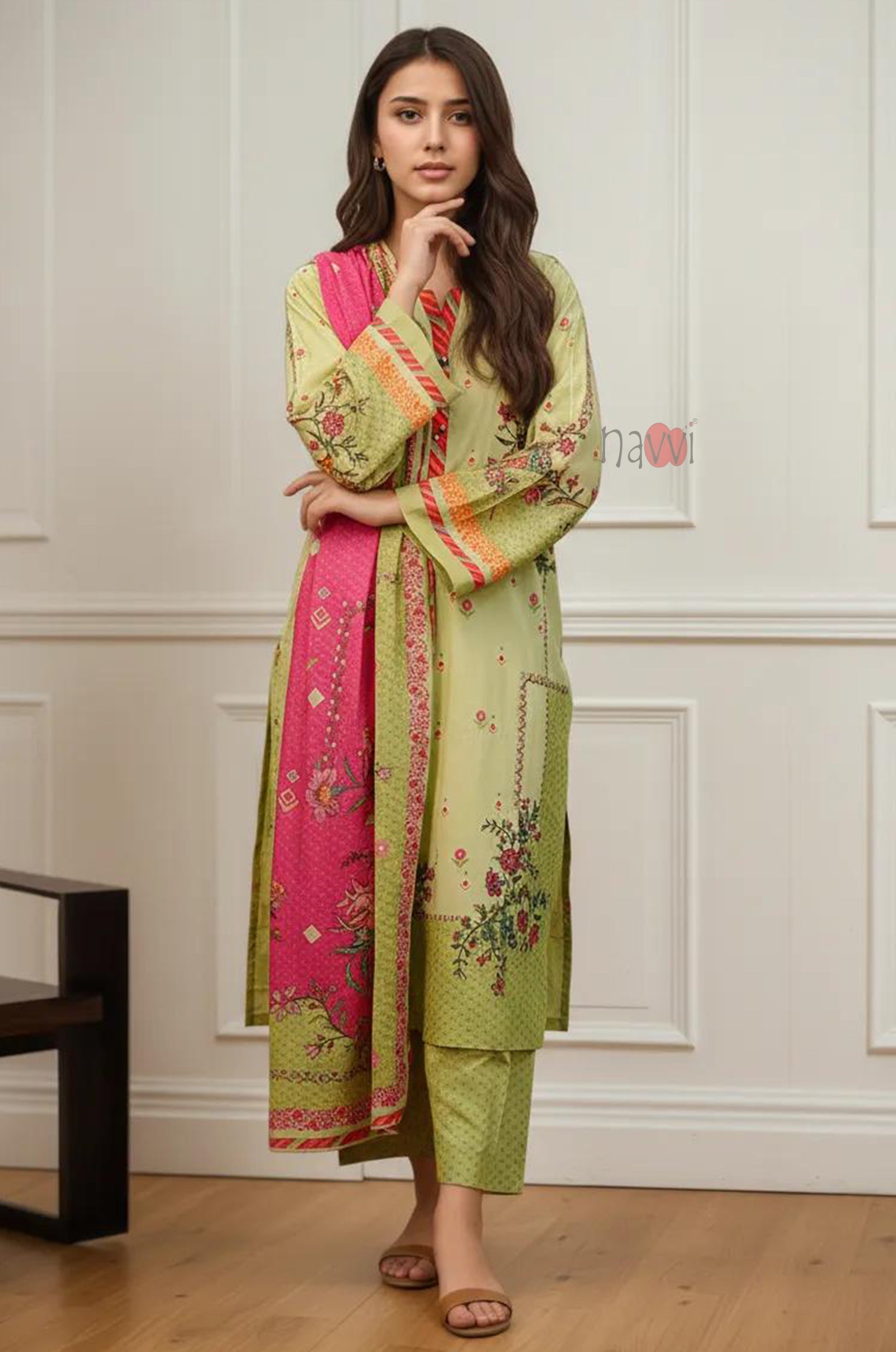 Lime Green Festive Kurta Set with Dupatta - Navvi.in
