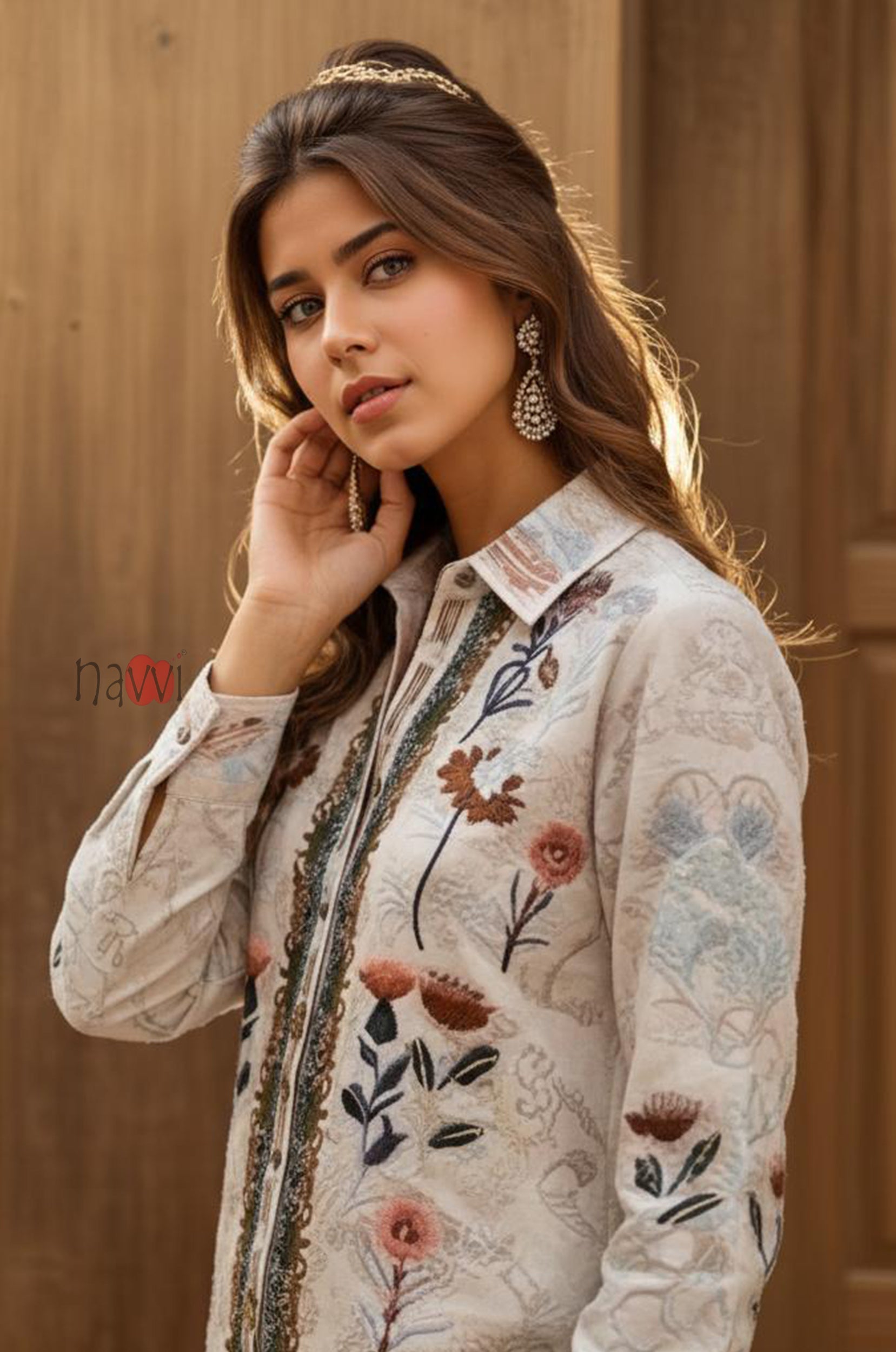 Ivory Meadow Floral Printed Pure Linen Shirt Top