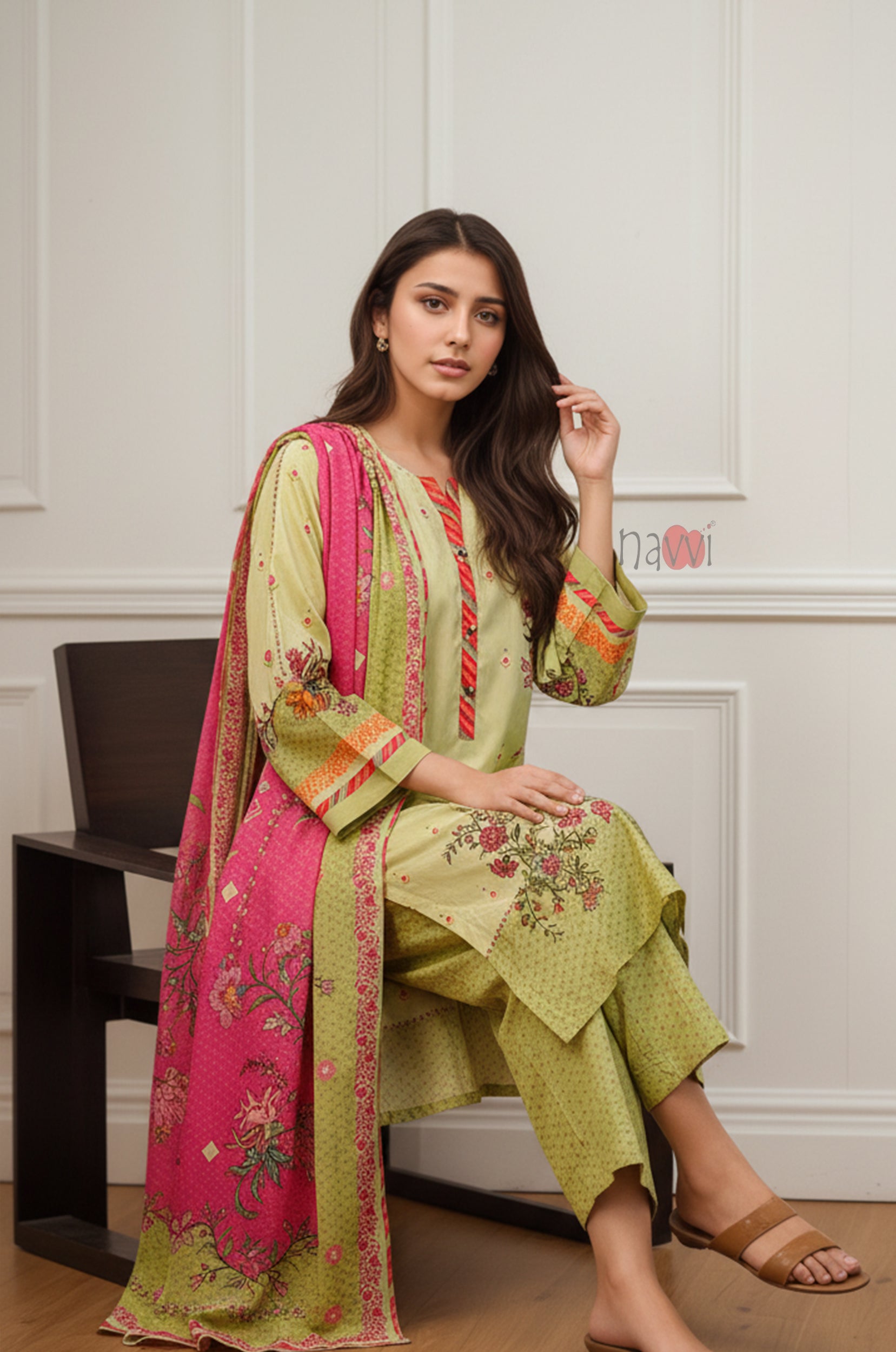 Lime Green Festive Kurta Set with Dupatta - Navvi.in