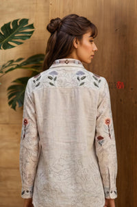 Ivory Meadow Floral Printed Pure Linen Shirt Top