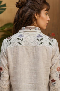 Ivory Meadow Floral Printed Pure Linen Shirt Top