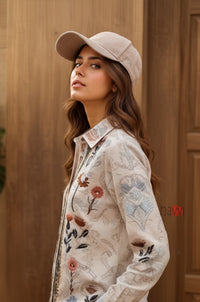 Ivory Meadow Floral Printed Pure Linen Shirt Top