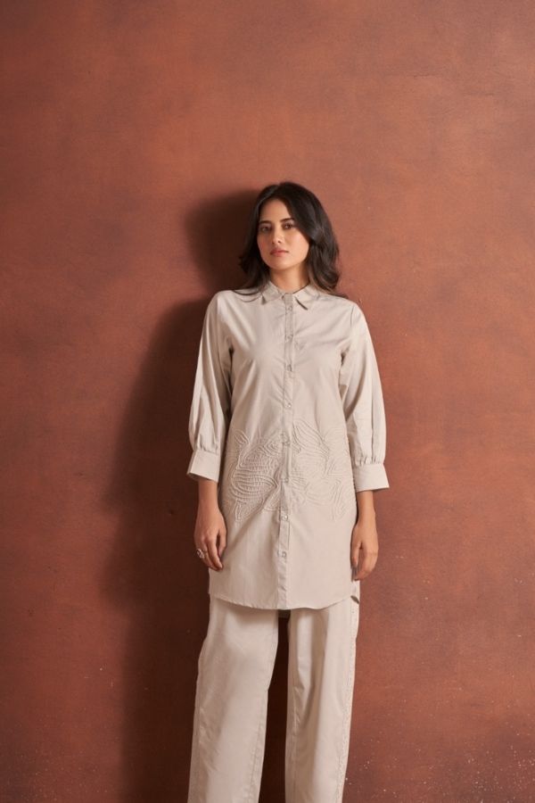 Beige Embroidery Co - Ord Set With Matching Pants - Navvi.in