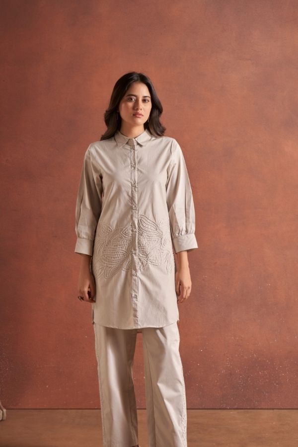Beige Embroidery Co - Ord Set With Matching Pants - Navvi.in