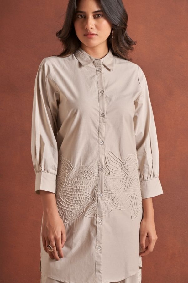 Beige Embroidery Co - Ord Set With Matching Pants - Navvi.in