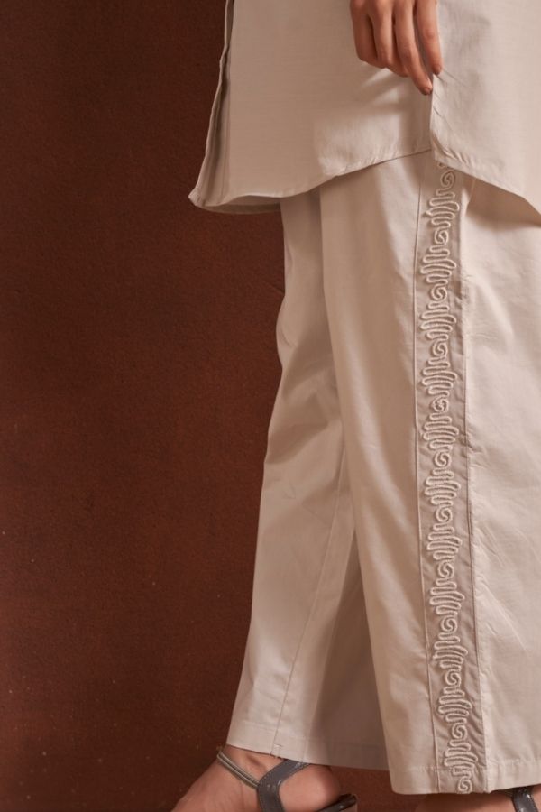 Beige Embroidery Co - Ord Set With Matching Pants - Navvi.in