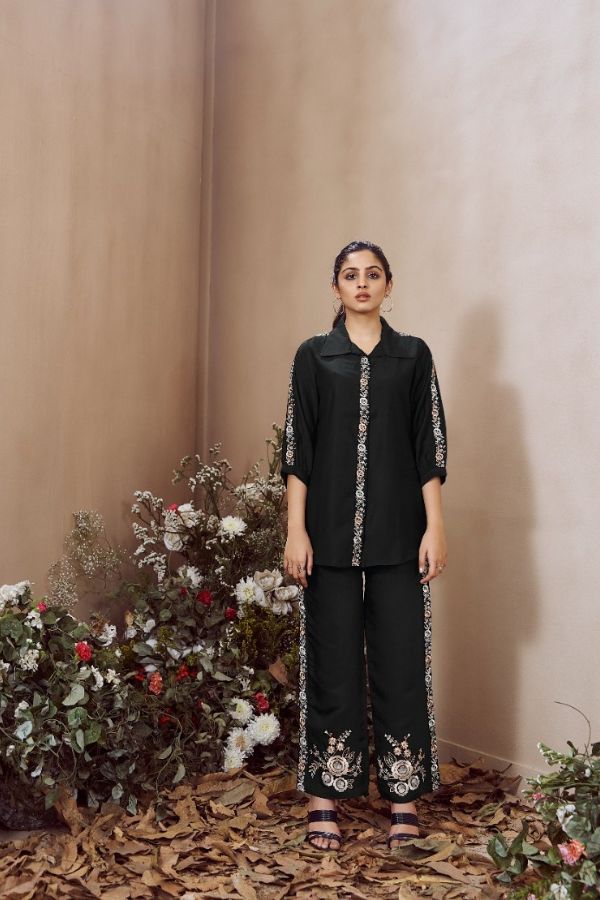 Black Intricate Embellishment Co - ord Set - Navvi.in
