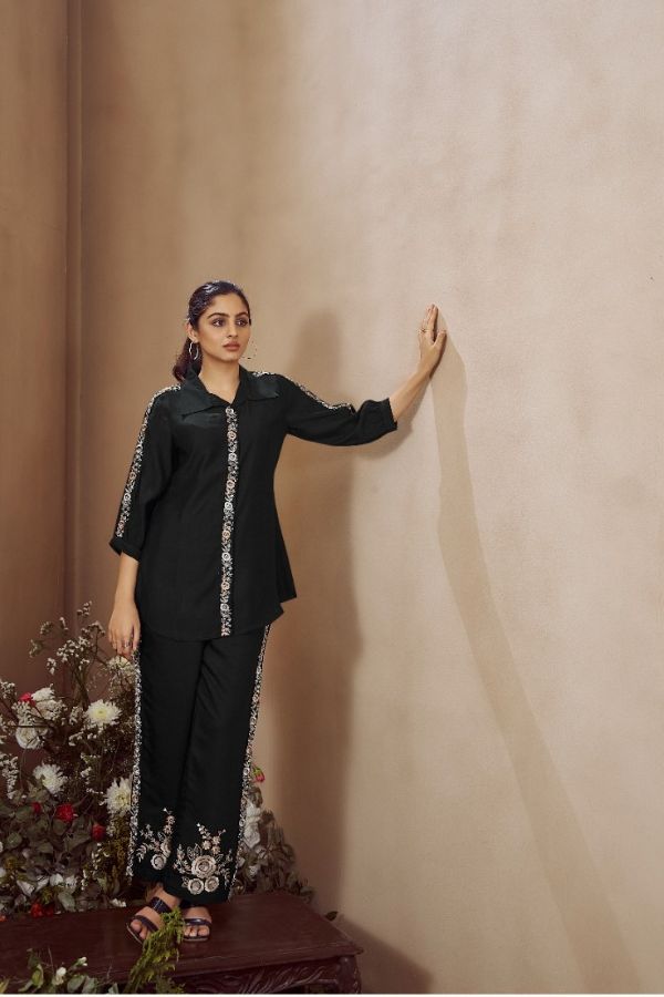 Black Intricate Embellishment Co - ord Set - Navvi.in