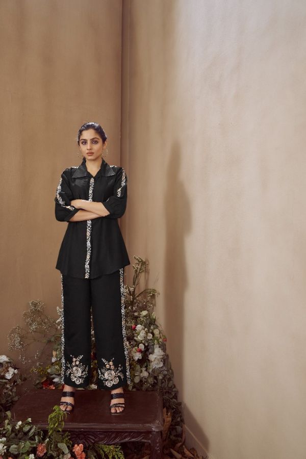 Black Intricate Embellishment Co - ord Set - Navvi.in