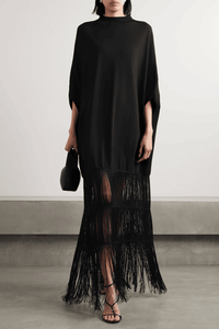 Black Kaftan Dress With Long Fringe - Navvi.in
