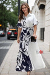 Black & White Rayon Long Dress - Navvi.in