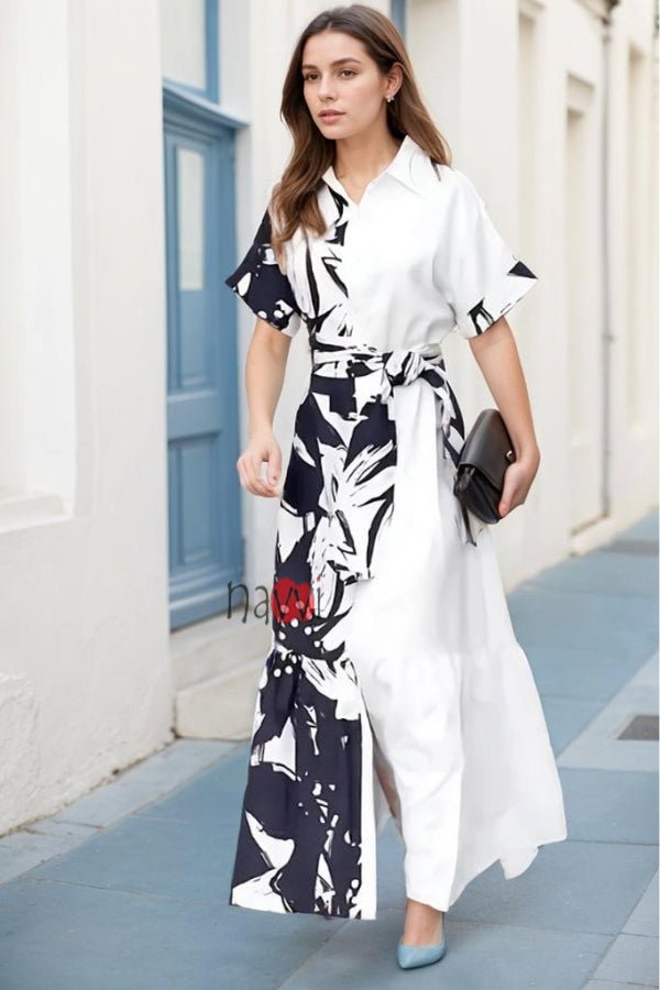 Black & White Rayon Long Dress - Navvi.in