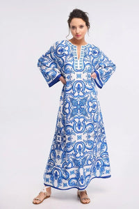 Blue and White Floral Print Maxi Dress (2 Colours) - Navvi.in