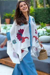 Blue Aura Artistic Flower Printed Loose Shirt - Navvi.in