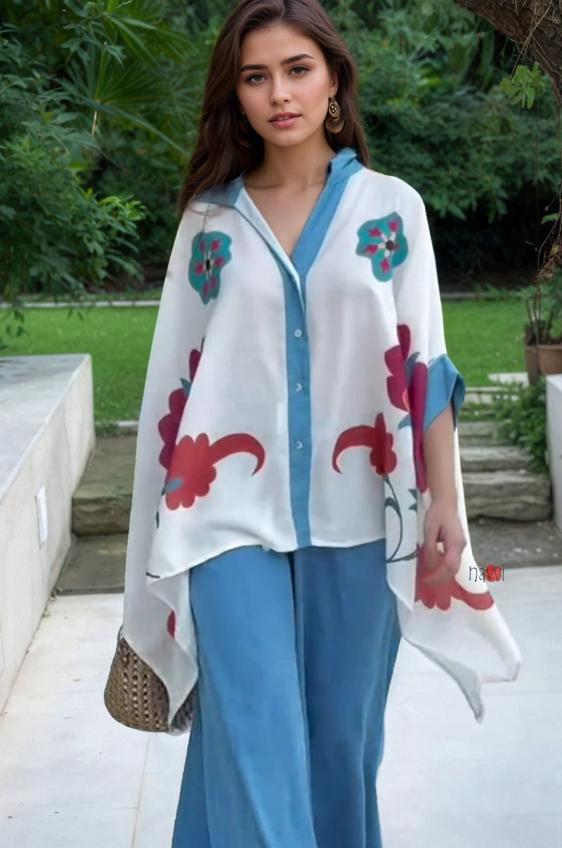 Blue Aura Artistic Flower Printed Loose Shirt - Navvi.in