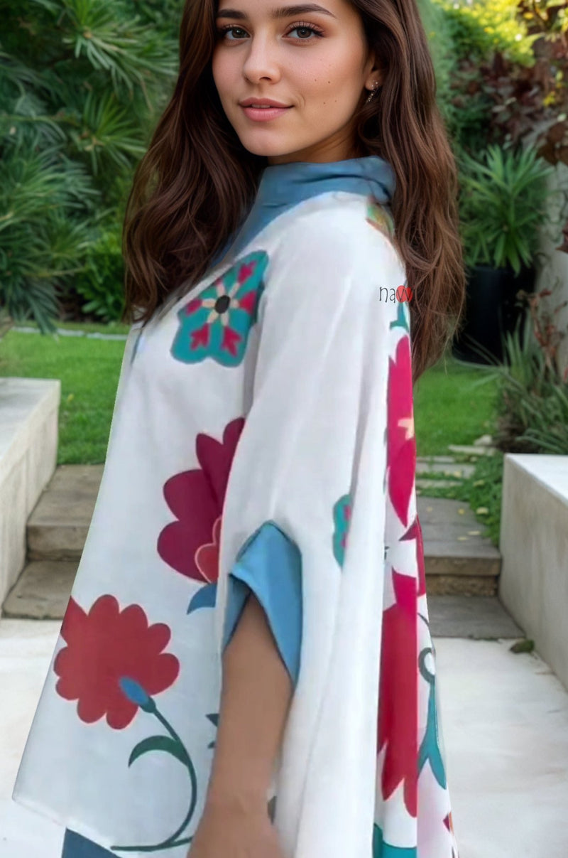 Blue Aura Artistic Flower Printed Loose Shirt - Navvi.in