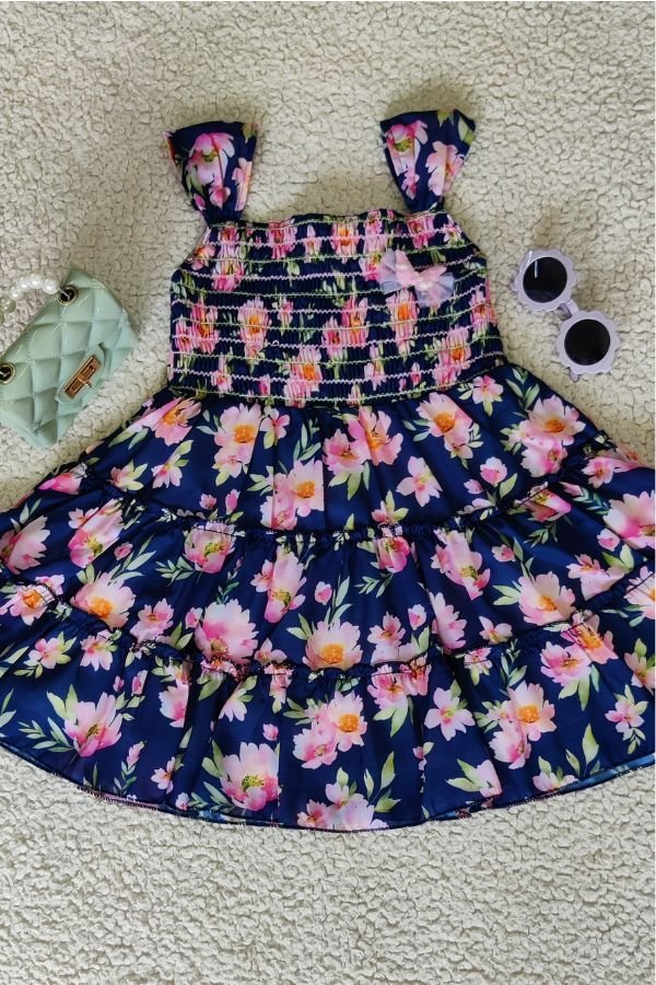 Blue Floral Print Summer Dress - Navvi.in