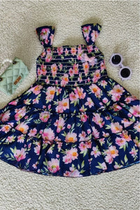 Blue Floral Print Summer Dress - Navvi.in