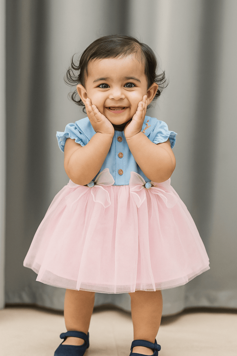 Blue & Pink Summer Dress With Bow - Navvi.in
