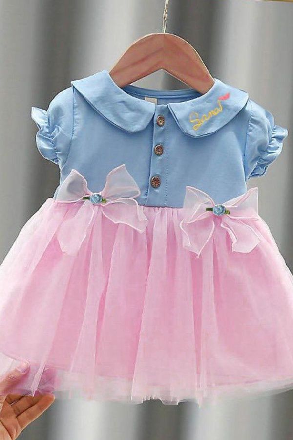 Blue & Pink Summer Dress With Bow - Navvi.in