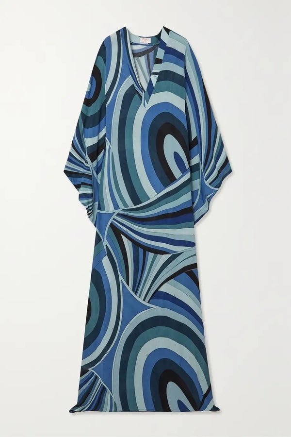 Blue Printed Long Kaftan - Navvi.in