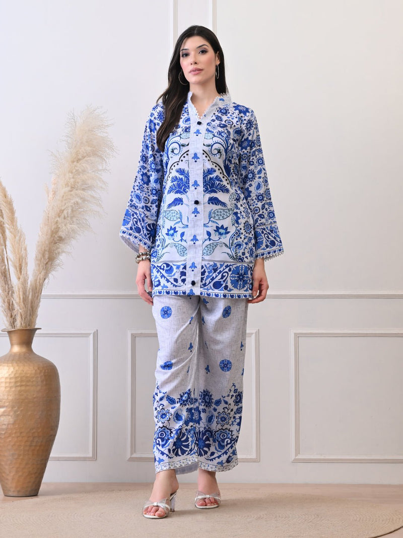 Blue & White Floral Printed Co - ord Set for Women - Navvi.in