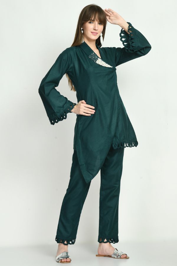 Bottle Green Embellished Co - ord Set - Navvi.in