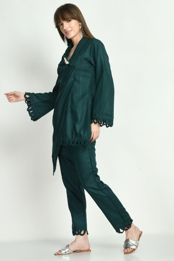 Bottle Green Embellished Co - ord Set - Navvi.in