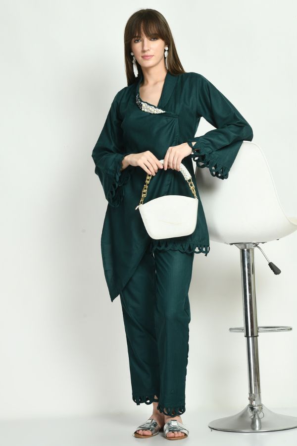 Bottle Green Embellished Co - ord Set - Navvi.in